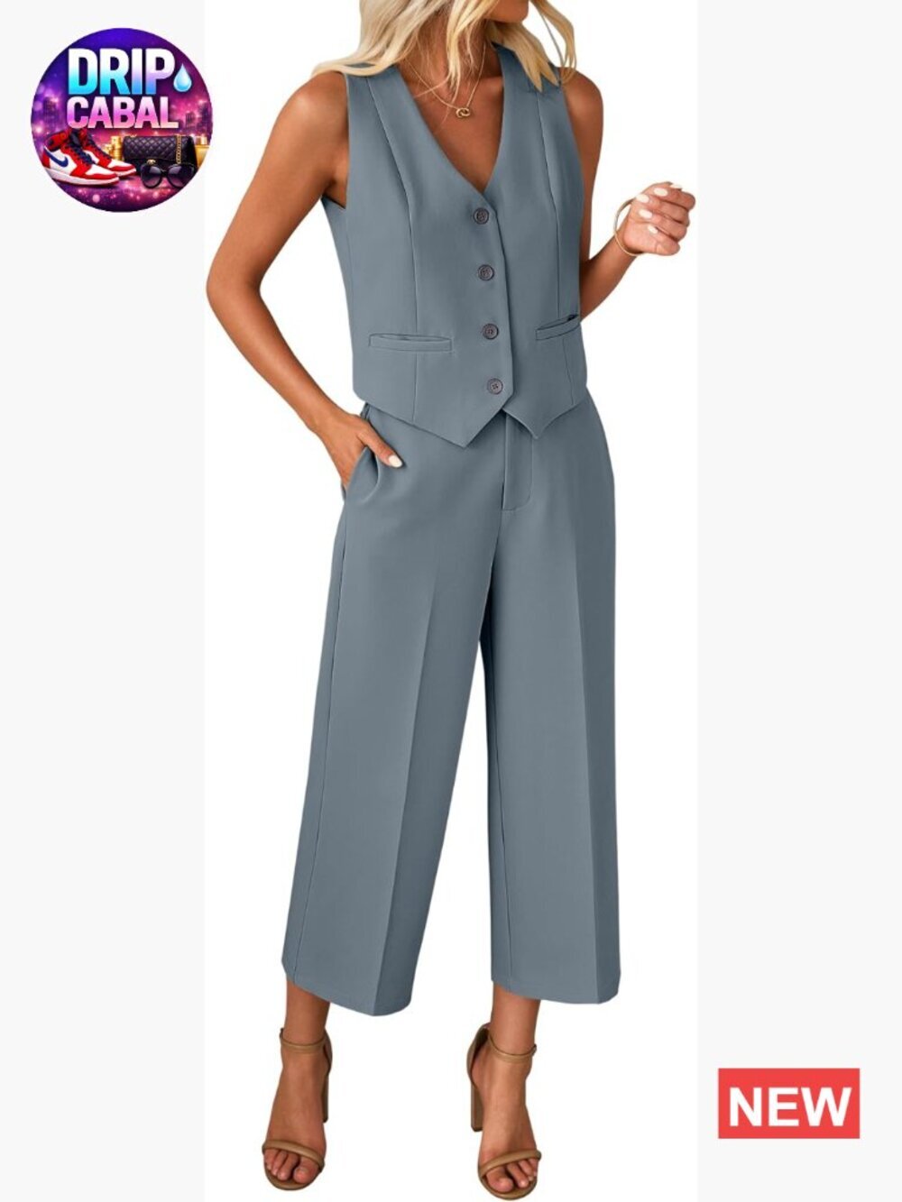 2 Piece Pant Suit Sleeveless Blazer Vest with Wide Leg Capri Pants Work Outfit